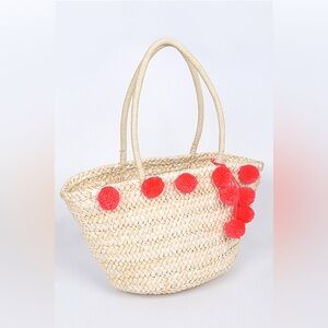 BRAND NEW Straw Beach Bag with Hot Pink Pom Pom Accents